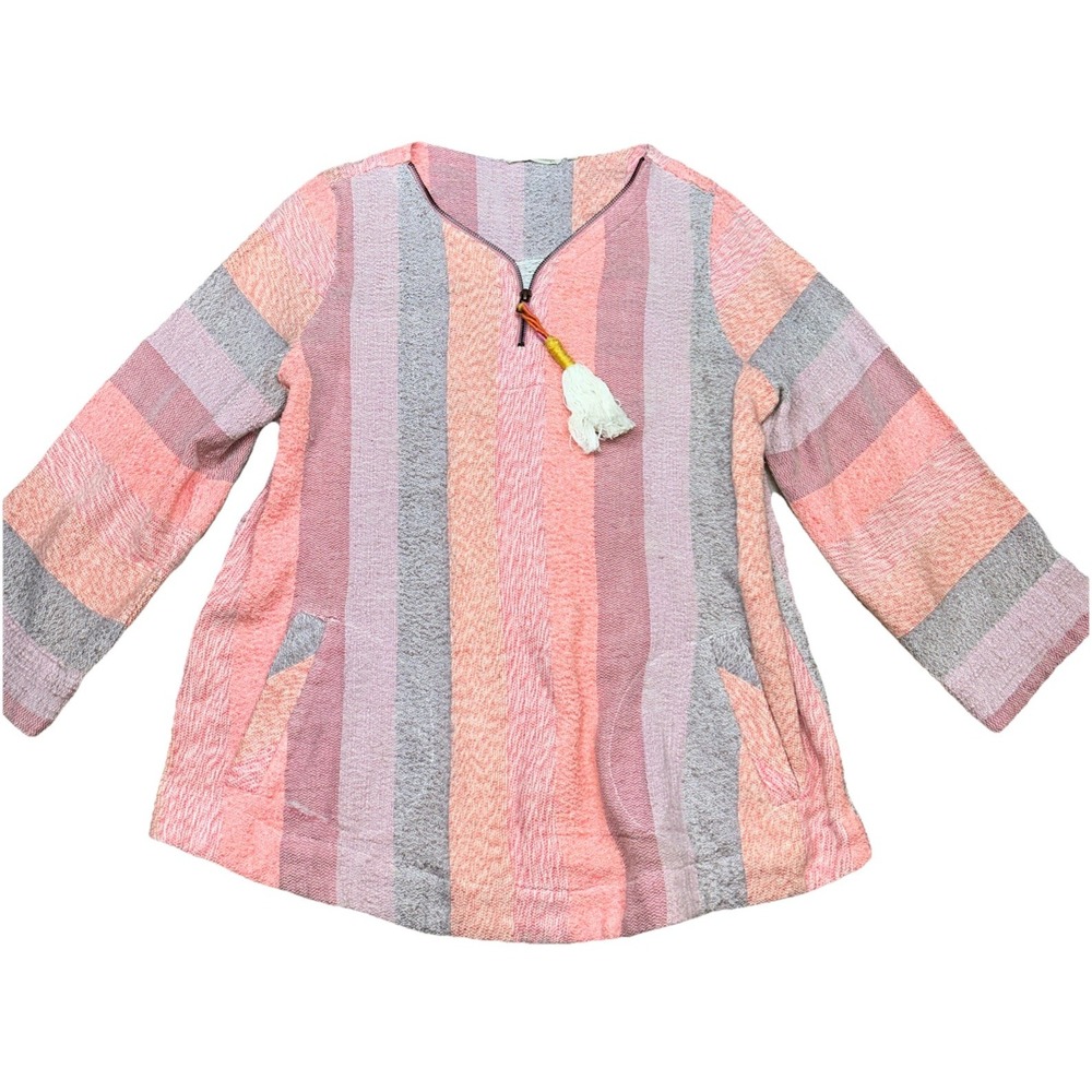 Soft Surroundings Sweater Womens Large Pink Peach Gray Striped‎ Zip Neck Tassel